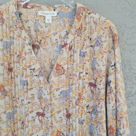 Coldwater Creek Pintuck Henley Tunic 2X Forest Animal Bunny Owl Deer Top - Picture 3 of 12